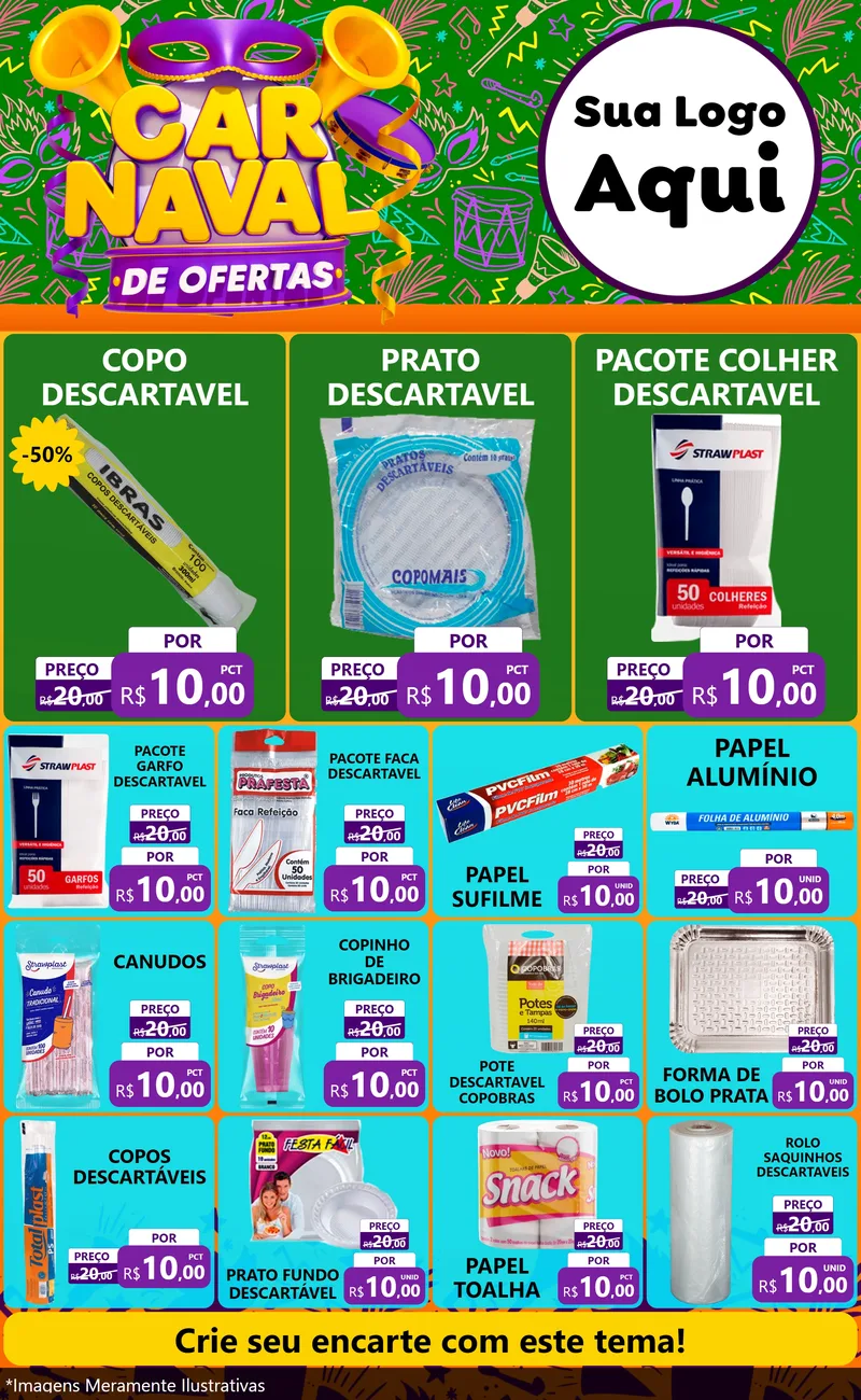 Modelo de Encarte para Encarte Grande com o tema Carnaval de Ofertas para Embalagens