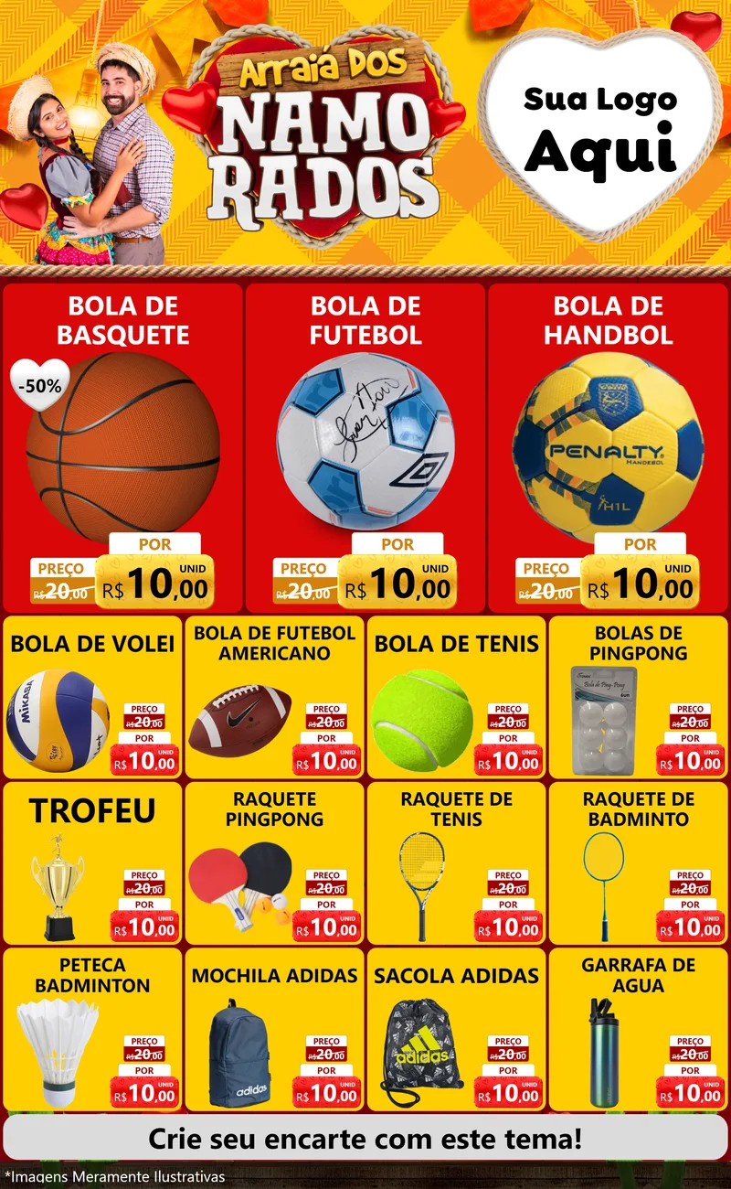 Modelo de Encarte para Encarte Grande com o tema Arraiá dos Namorados para Artigos Esportivos