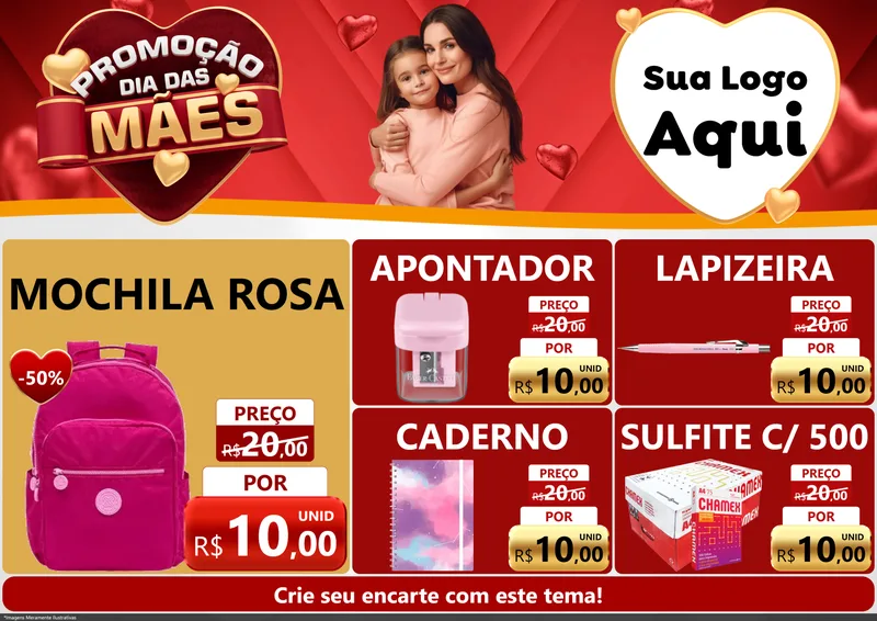 Modelo de Encarte para Encarte A4 Horizontal com o tema Promoção Dia das Mães para Papelaria