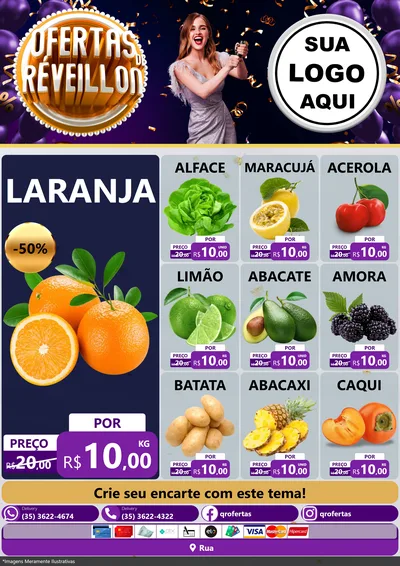 Modelo de Encarte para Encarte A4 Vertical com o tema Ofertas de Réveillon para Hortifrúti