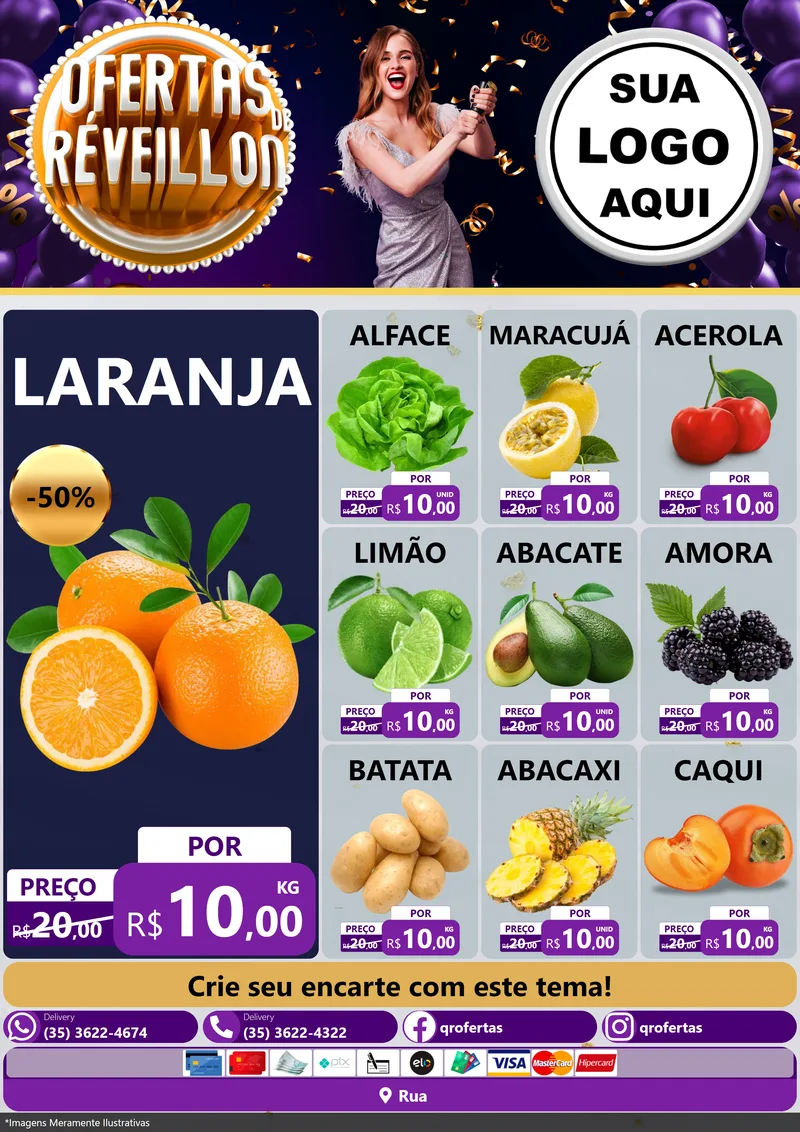 Modelo de Encarte para Encarte A4 Vertical com o tema Ofertas de Réveillon para Hortifrúti