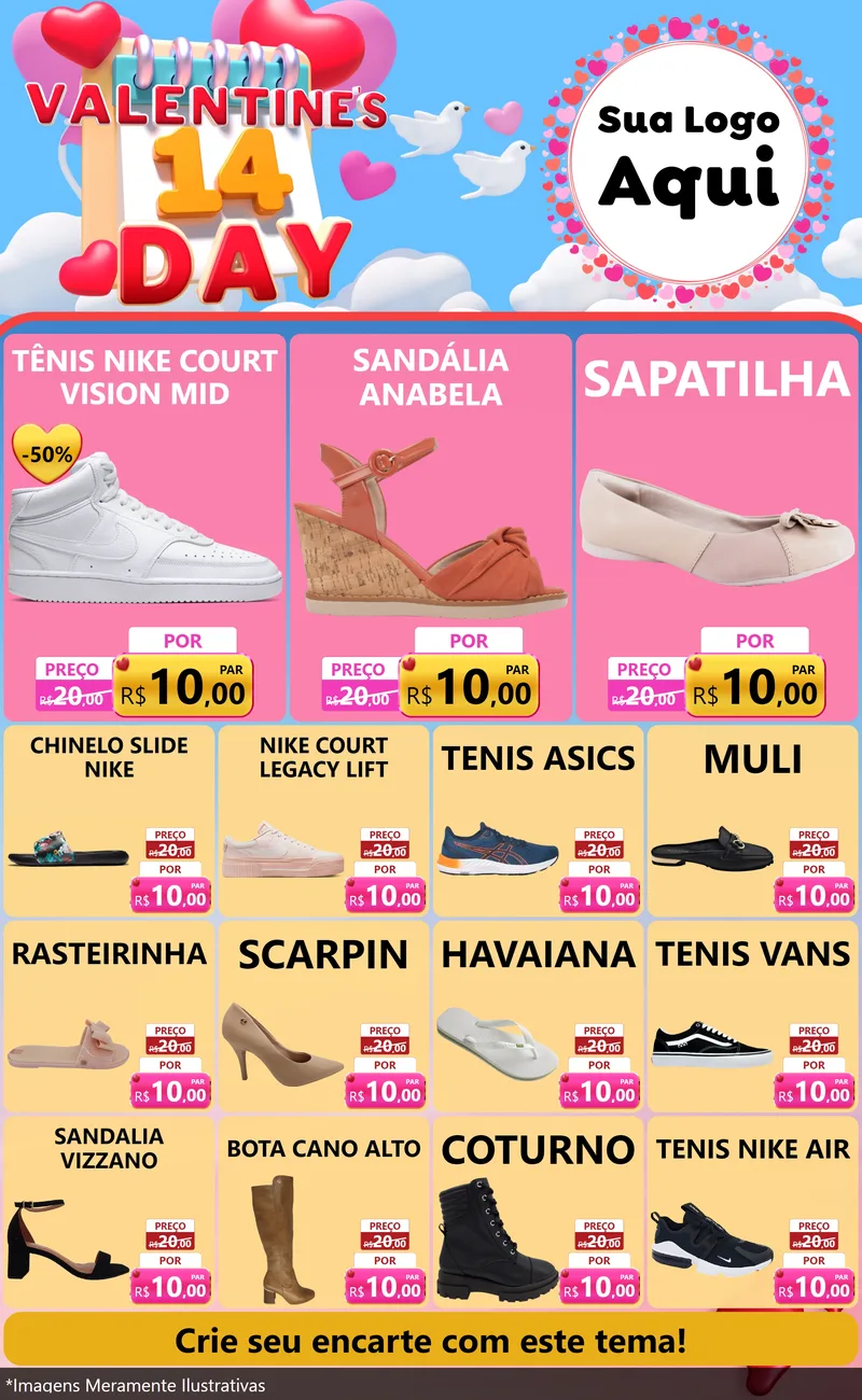 Modelo de Encarte para Encarte Grande com o tema Valentine's Day para Calçados