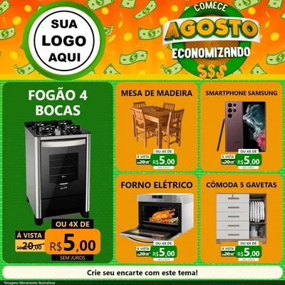 Modelo de Rede Social para Feed Facebook com o tema Comece Agosto Economizando para Móveis e Eletro