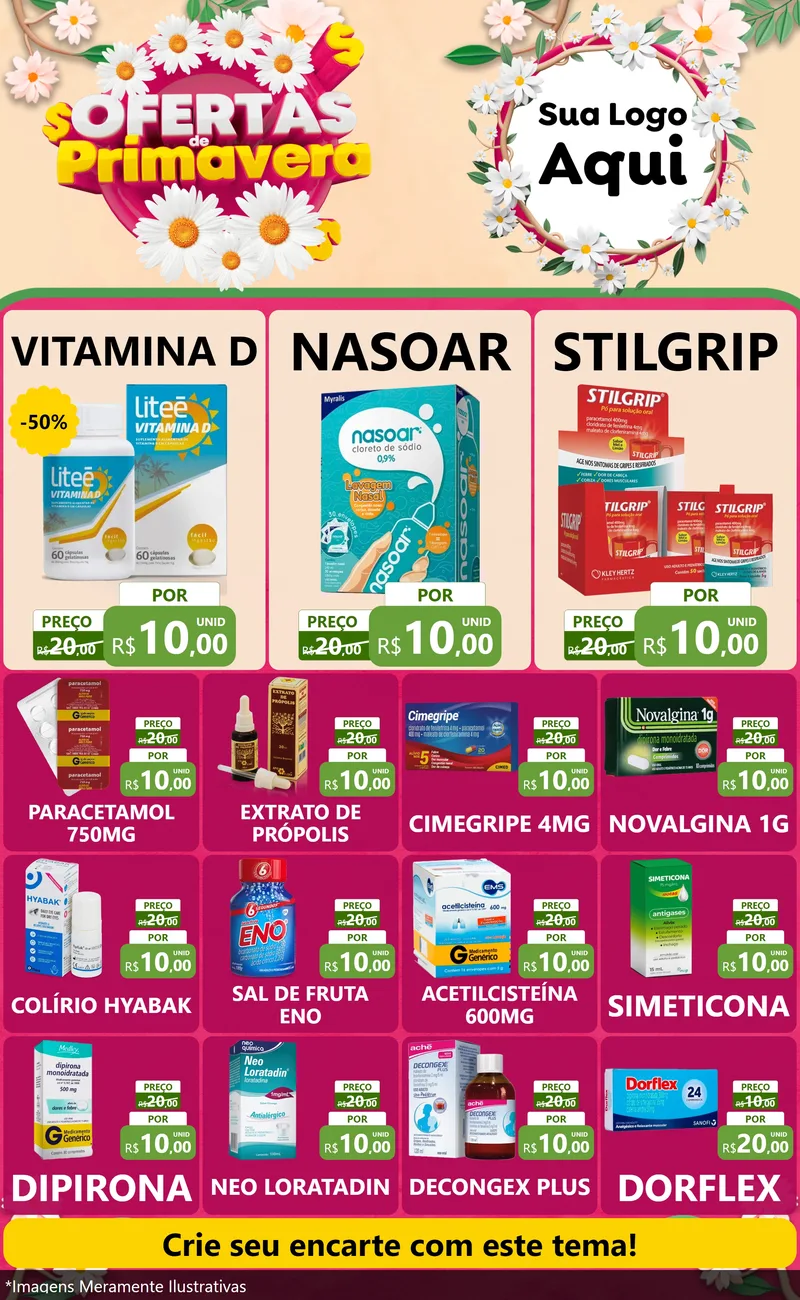 Modelo de Encarte para Encarte Grande com o tema Ofertas de Primavera para Farmácia