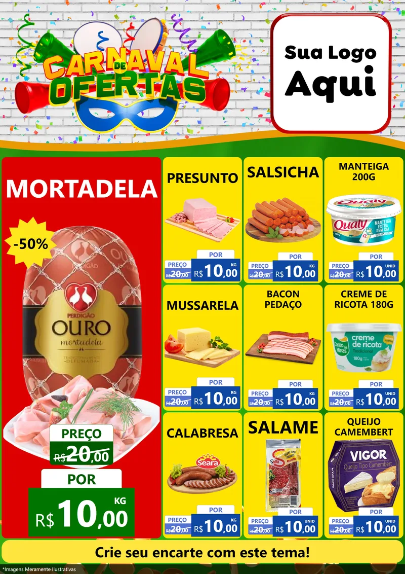 Modelo de Encarte para Encarte A4 Vertical com o tema Carnaval de Ofertas para Frios e Laticínios