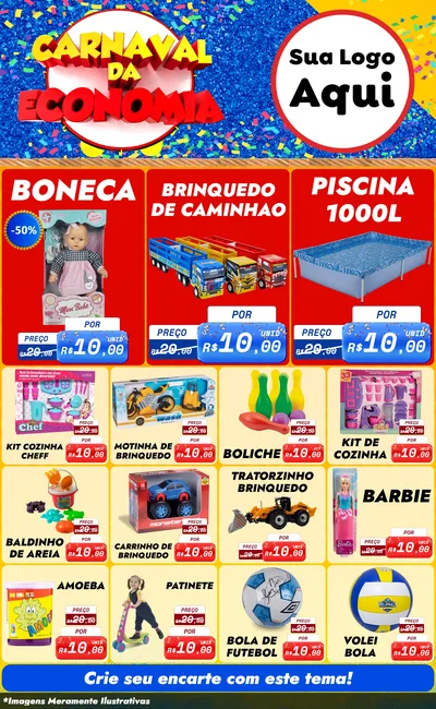 Modelo de Encarte para Encarte Grande com o tema Carnaval da Economia para Brinquedos