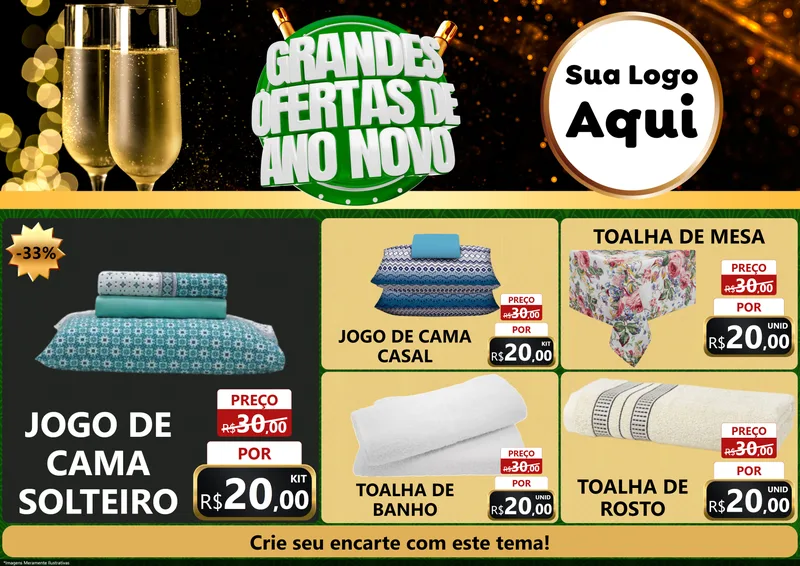 Modelo de Encarte para Encarte A4 Horizontal com o tema Grandes Ofertas de Ano Novo para Cama, Mesa e Banho