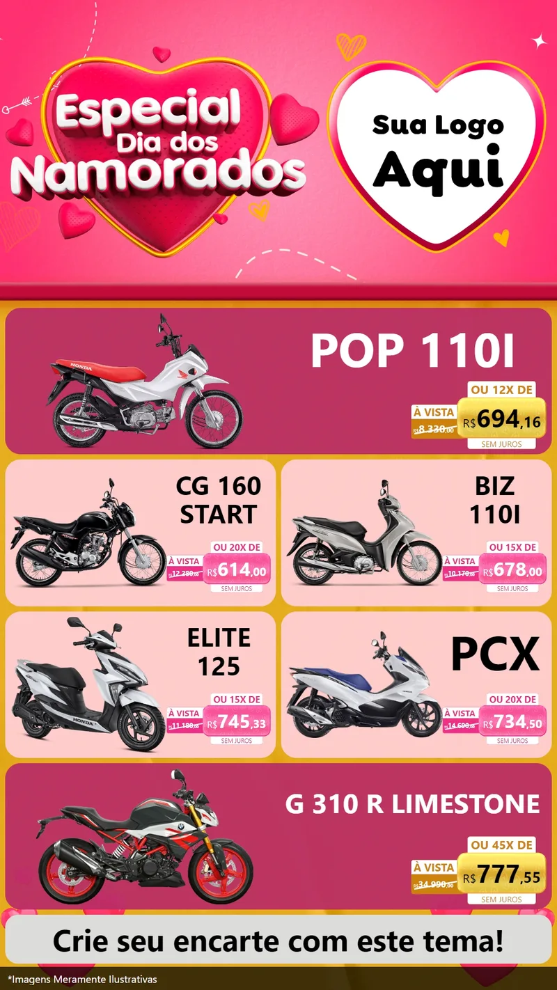 Modelo de TV para TV Vertical com o tema Especial Dia dos Namorados para Concessionaria de Motos