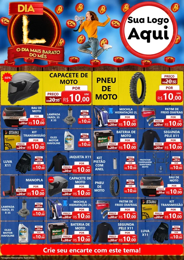 Modelo de Encarte para Encarte A4 Vertical com o tema Dia L - O Dia Mais Barato Do Mês para Moto peças