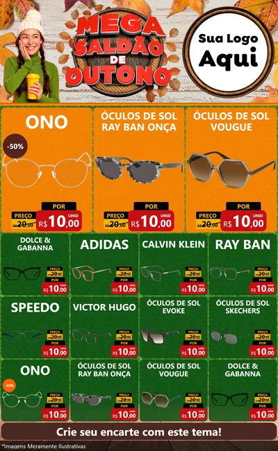 Modelo de Encarte para Encarte Grande com o tema Mega Saldão de Outono para Óticas