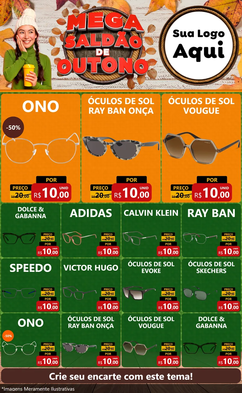 Modelo de Encarte para Encarte Grande com o tema Mega Saldão de Outono para Óticas