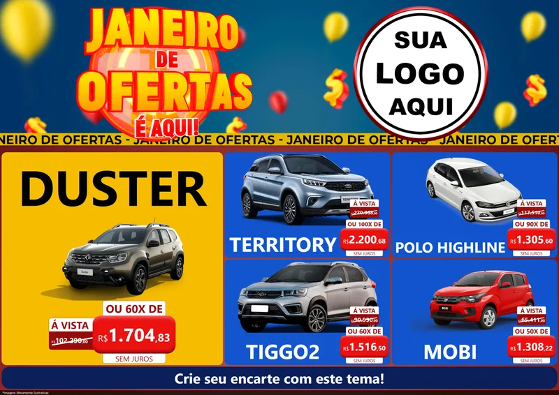 Modelo de Encarte para Encarte A4 Horizontal com o tema Janeiro de Ofertas É Aqui! para Concessionaria de Carros