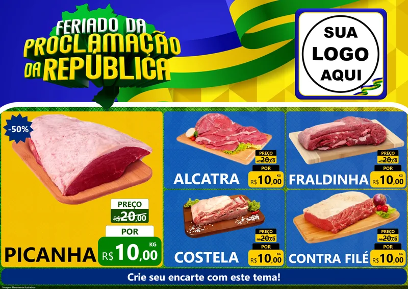 Modelo de Encarte para Encarte A4 Horizontal com o tema Feriado da Proclamação da República para Açougue