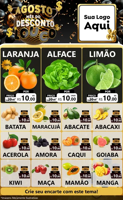 Modelo de Encarte para Encarte Grande com o tema Agosto Mês do Desconto Louco para Hortifrúti