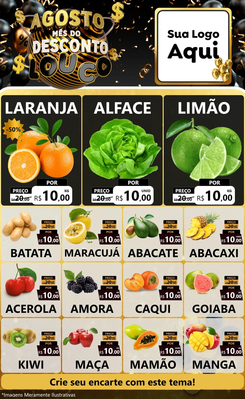 Modelo de Encarte para Encarte Grande com o tema Agosto Mês do Desconto Louco para Hortifrúti