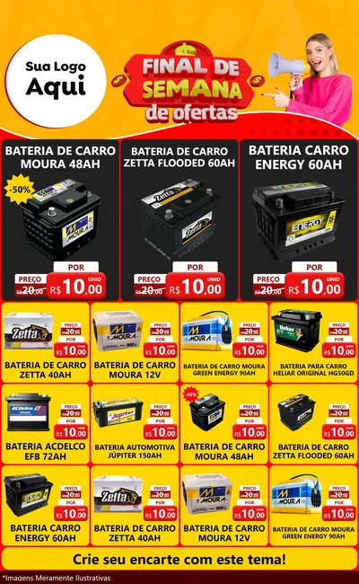 Modelo de Encarte para Encarte Grande com o tema Final de Semana de Ofertas para Baterias Elétricas