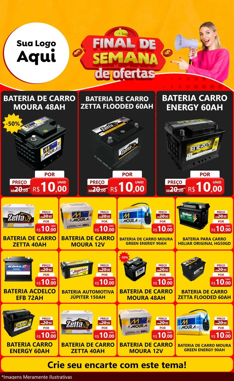 Modelo de Encarte para Encarte Grande com o tema Final de Semana de Ofertas para Baterias Elétricas