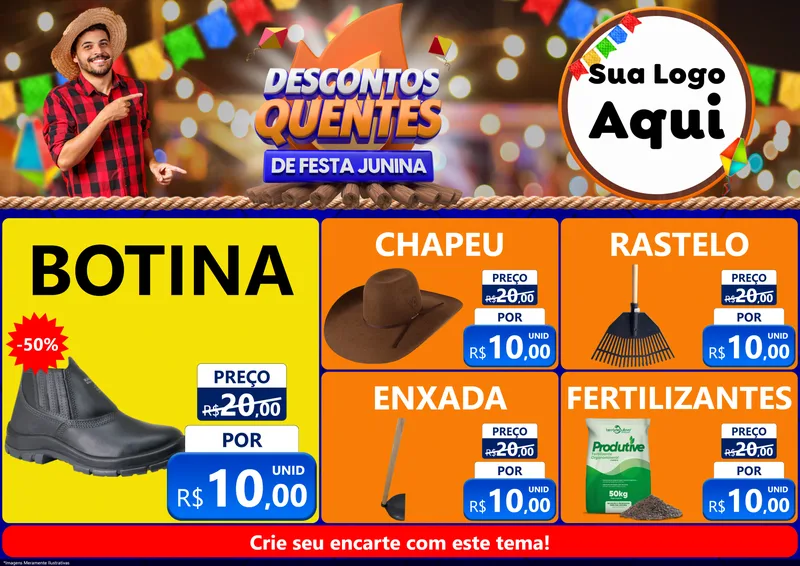 Modelo de Encarte para Encarte A4 Horizontal com o tema Descontos Quentes de Festa Junina para Agropecuária