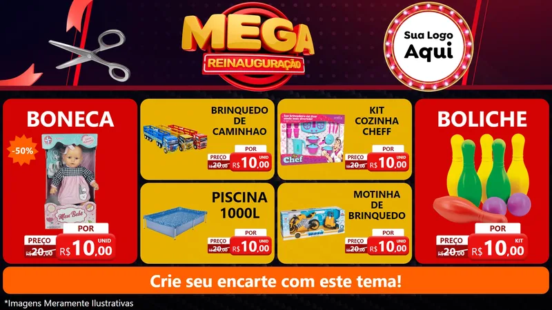 Modelo de TV para TV Horizontal com o tema Mega Reinauguração para Brinquedos
