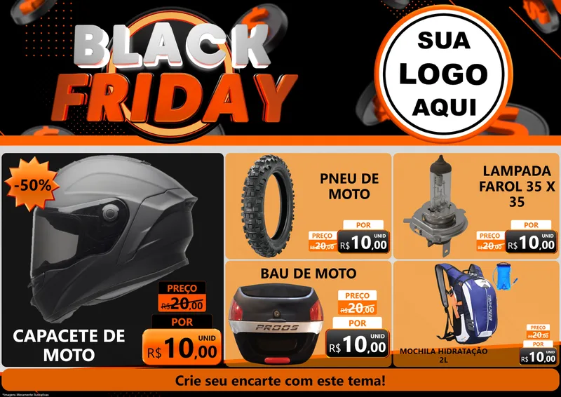 Modelo de Encarte para Encarte A4 Horizontal com o tema Black Friday para Moto peças