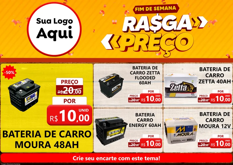 Modelo de Encarte para Encarte A4 Horizontal com o tema Fim de Semana Rasga Preços para Baterias Elétricas