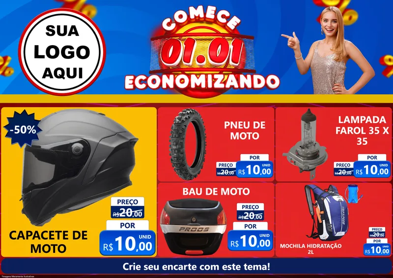 Modelo de Encarte para Encarte A4 Horizontal com o tema Comece 1º de Janeiro Economizando para Moto peças