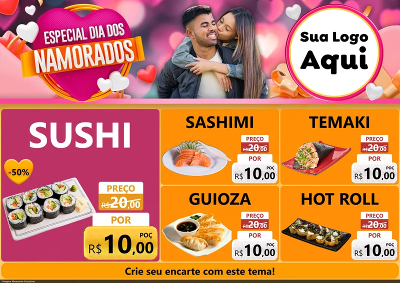 Modelo de Encarte para Encarte A4 Horizontal com o tema Especial Dia dos Namorados para Comida japonesa