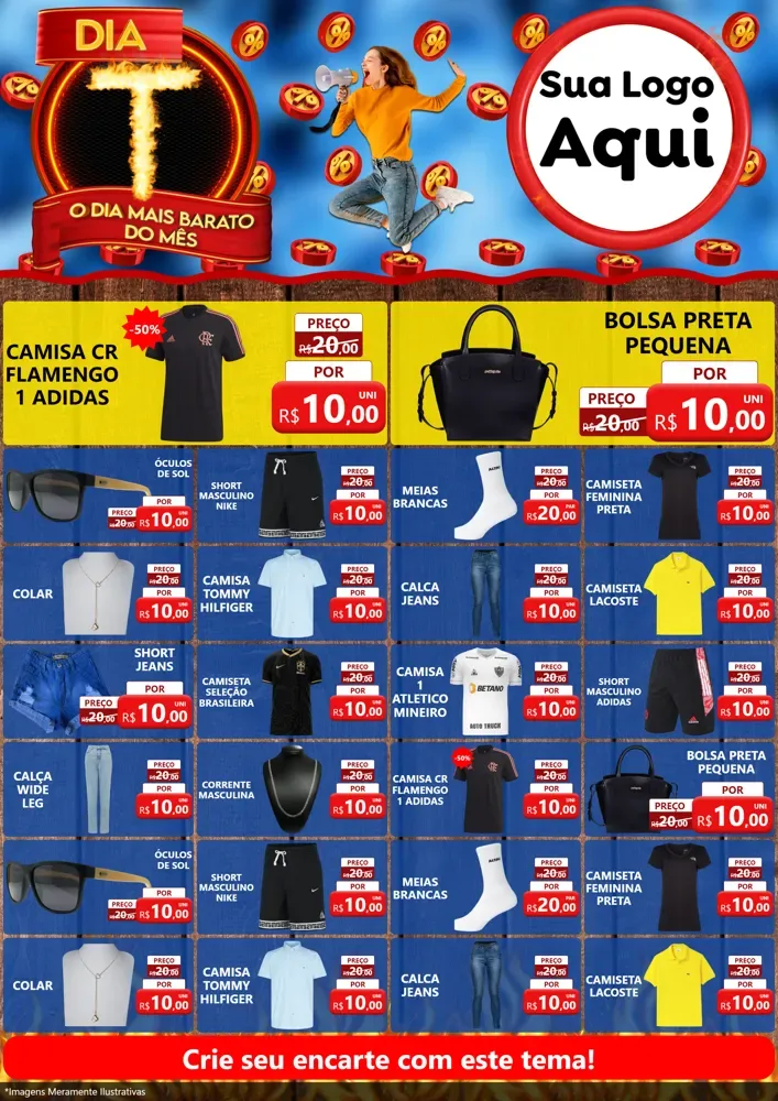 Modelo de Encarte para Encarte A4 Vertical com o tema Dia T - O Dia Mais Barato Do Mês para Roupas e acessórios