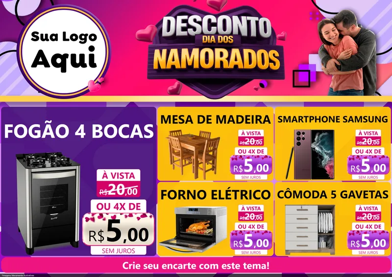 Modelo de Encarte para Encarte A4 Horizontal com o tema Desconto Dia dos Namorados para Móveis e Eletro
