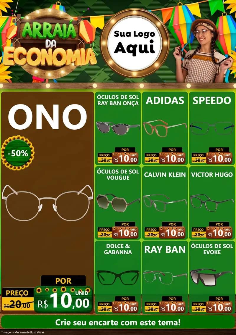 Modelo de Encarte para Encarte A4 Vertical com o tema Arraiá de Economia para Óticas