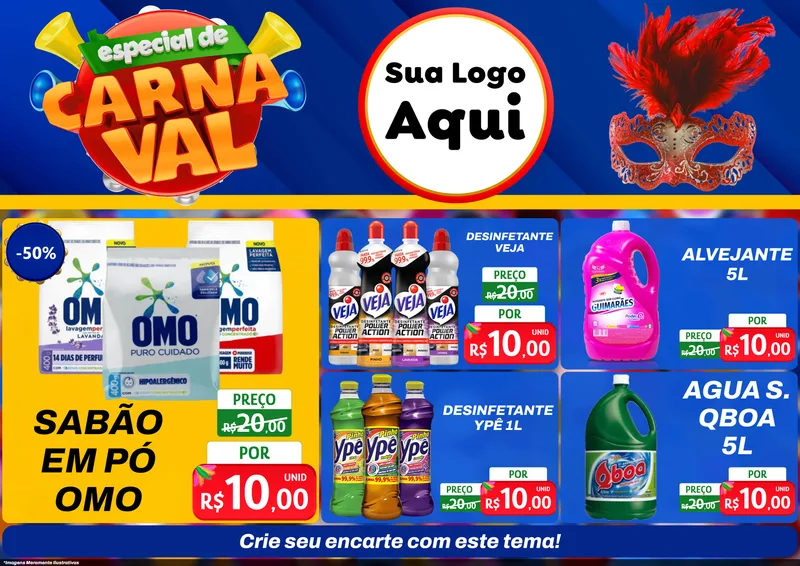 Modelo de Encarte para Encarte A4 Horizontal com o tema Especial de Carnaval para Produtos de Limpeza