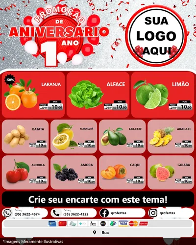 Modelo de Rede Social para Feed Instagram com o tema Promoção de Aniversário - 1 Ano para Hortifrúti