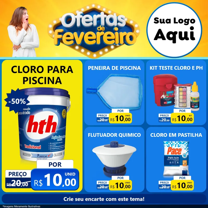 Modelo de Rede Social para Feed Facebook com o tema Ofertas de Fevereiro para Produtos para Piscina