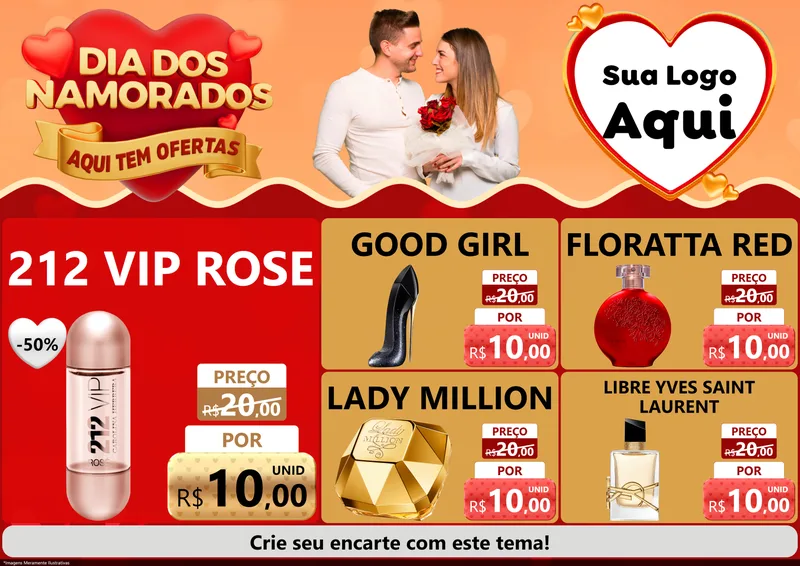 Modelo de Encarte para Encarte A4 Horizontal com o tema Dia dos Namorados - Aqui Tem Ofertas para Perfumes
