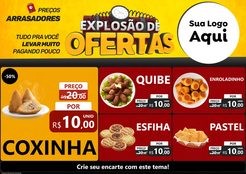 Modelo de Encarte para Encarte A4 Horizontal com o tema Explosão de Ofertas para Salgadaria