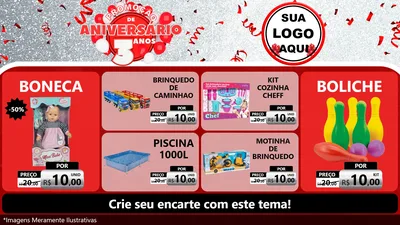 Modelo de TV para TV Horizontal com o tema Promoção de Aniversário - 3 Anos para Brinquedos