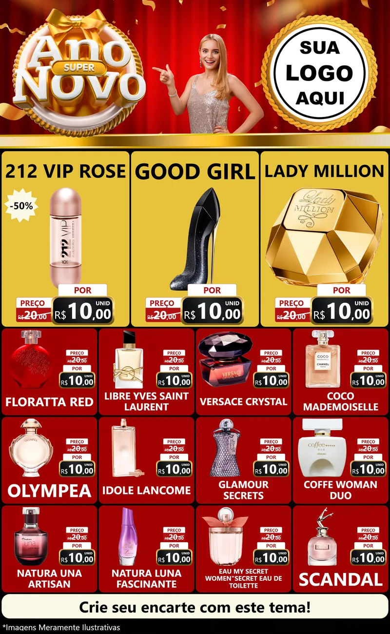 Modelo de Encarte para Encarte Grande com o tema Super Ano Novo para Perfumes