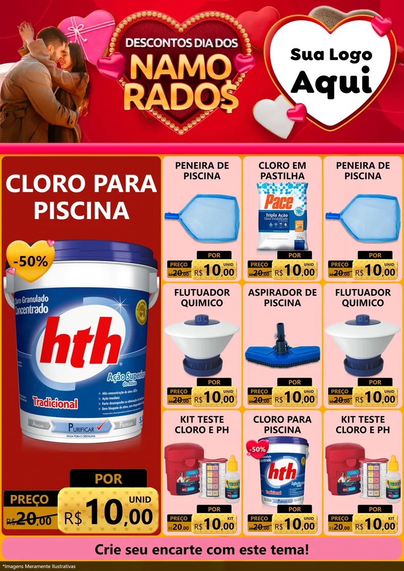 Modelo de Encarte para Encarte A4 Vertical com o tema Descontos Dia dos Namorados para Produtos para Piscina