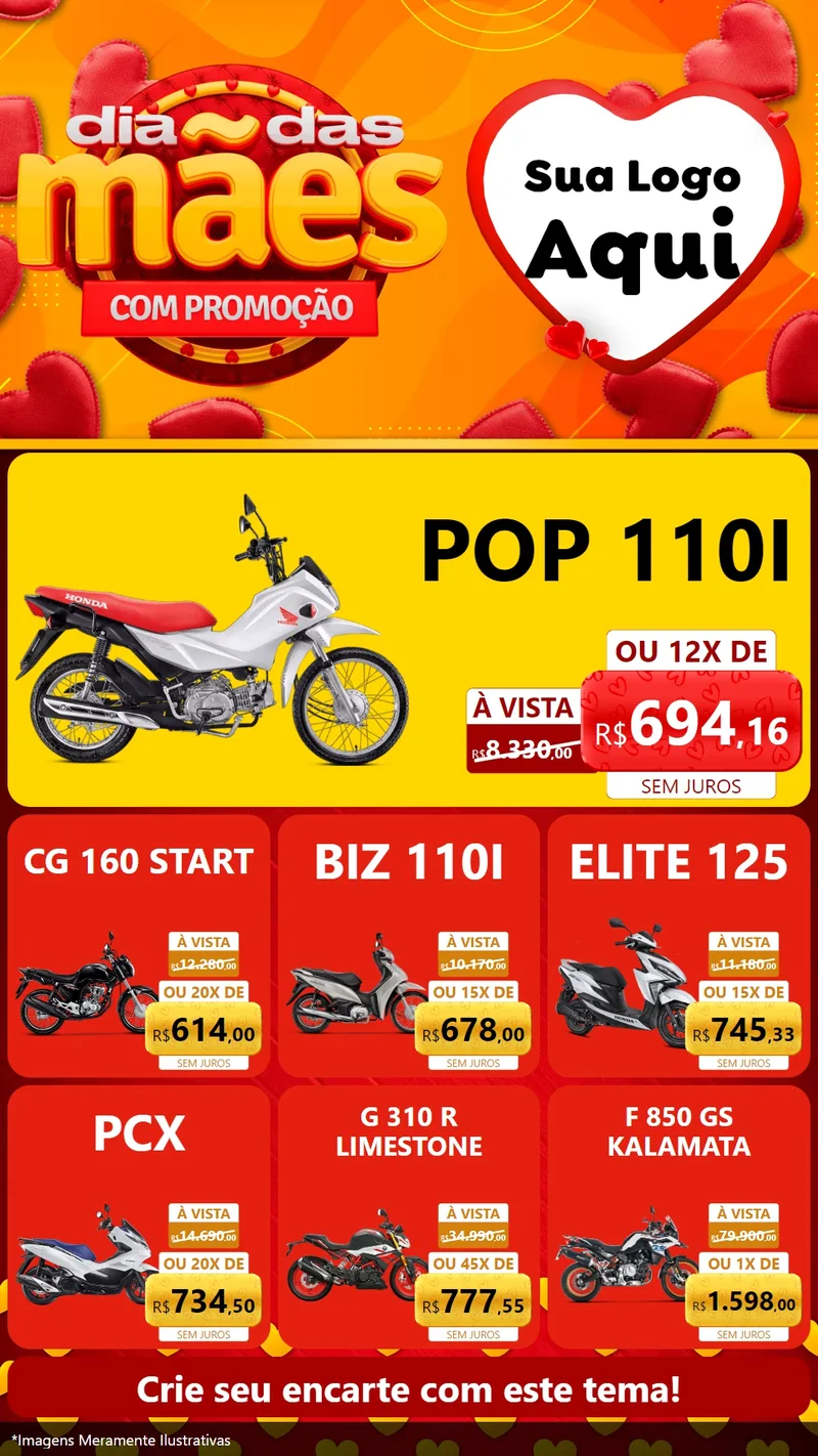 Modelo de Rede Social para Stories com o tema Dia das Mães com Promoção para Concessionaria de Motos