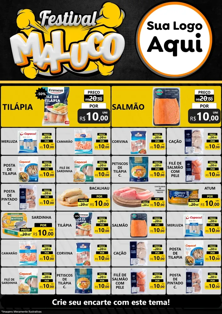 Modelo de Encarte para Encarte A4 Vertical com o tema Festival Maluco para Peixaria