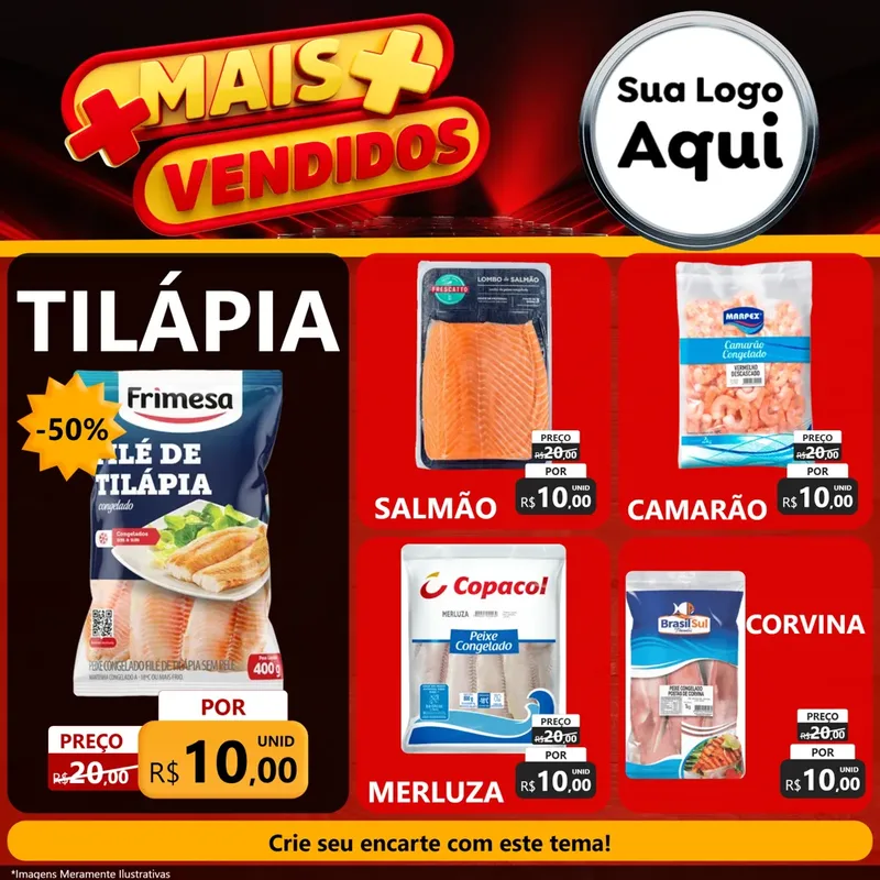Modelo de Rede Social para Feed Facebook com o tema Mais Vendidos para Peixaria