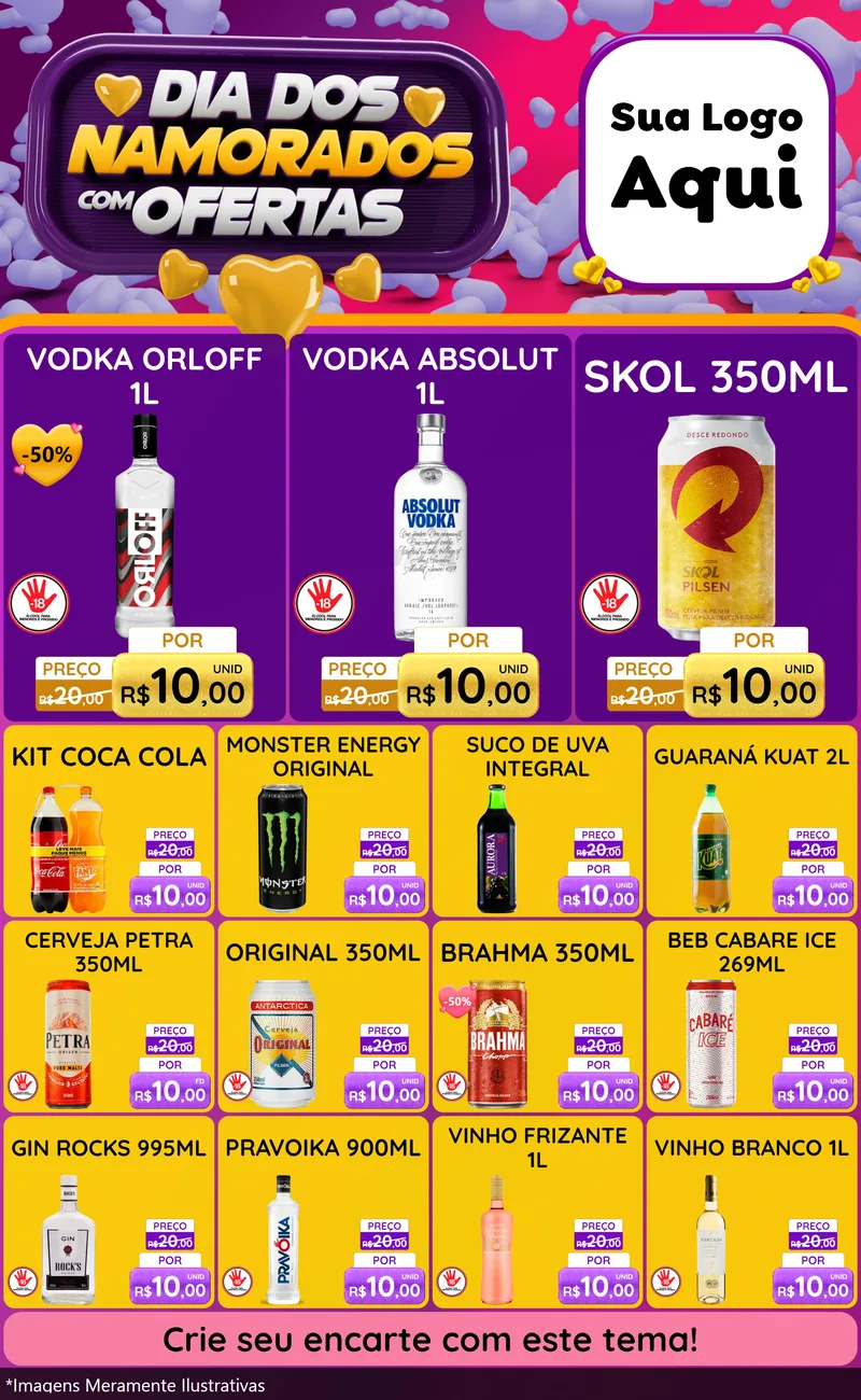 Modelo de Encarte para Encarte Grande com o tema Dia Dos Namorados Com Ofertas para Distribuidora de bebidas