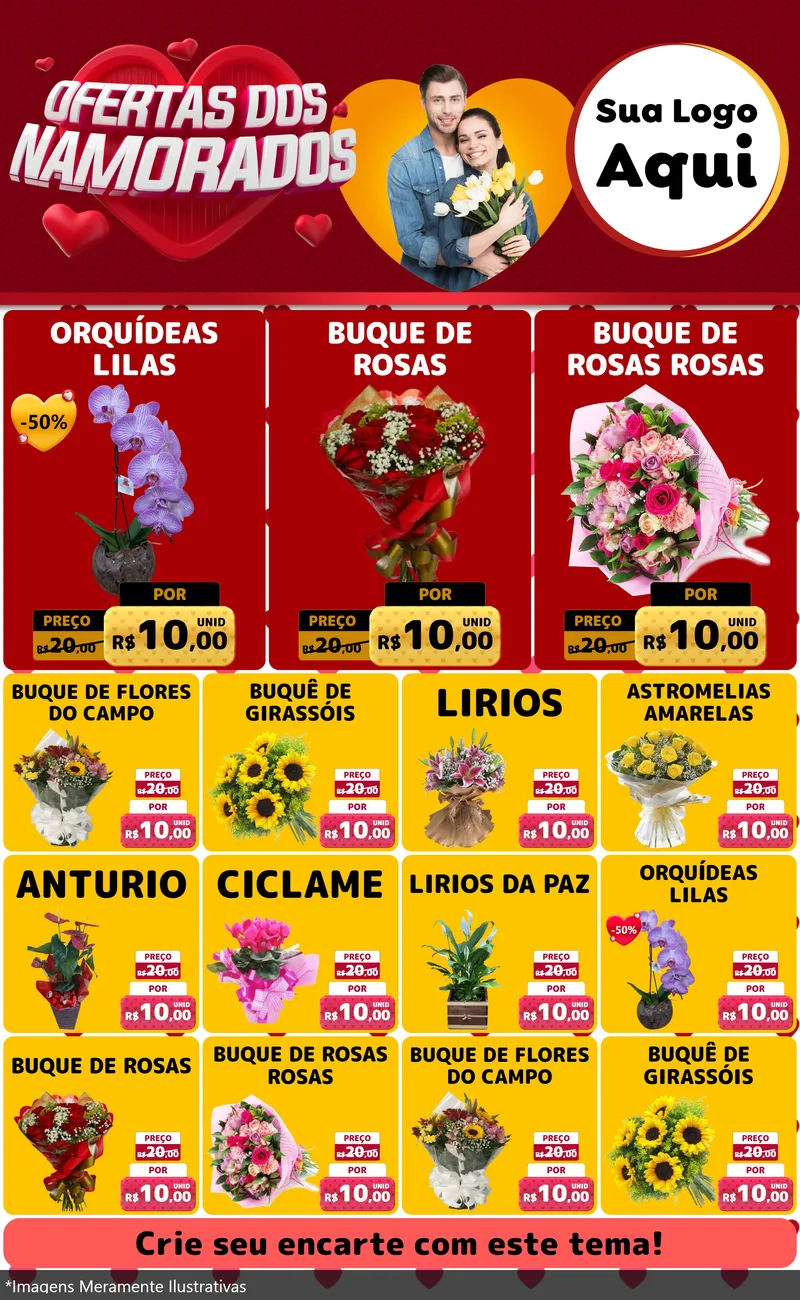Modelo de Encarte para Encarte Grande com o tema Ofertas Dos Namorados para Floricultura e jardim