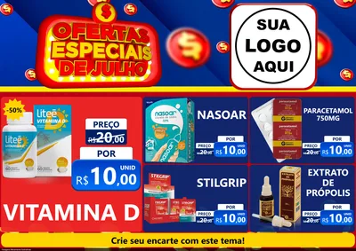 Modelo de Encarte para Encarte A4 Horizontal com o tema Ofertas Especiais de Julho para Farmácia
