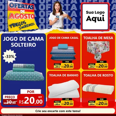 Modelo de Rede Social para Feed Facebook com o tema Ofertas de Agosto - Preços Incríveis para Cama, Mesa e Banho