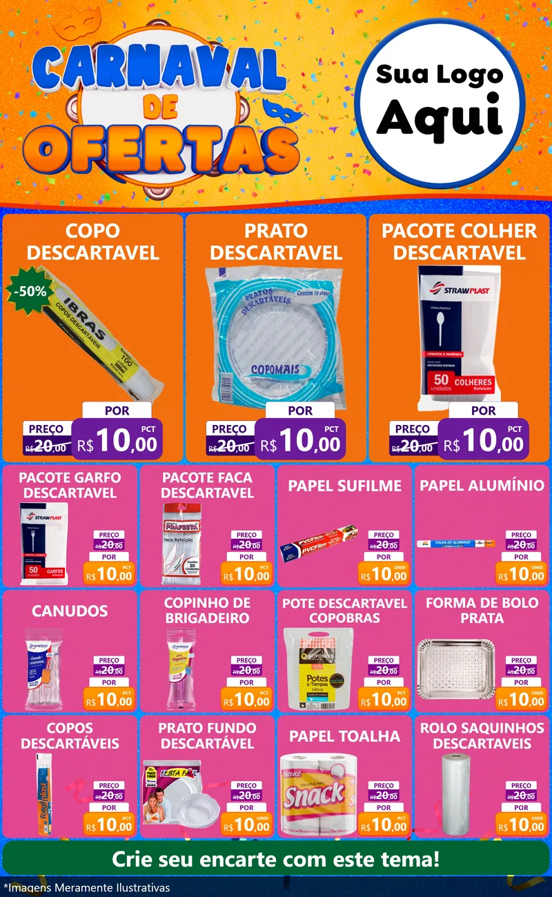 Modelo de Encarte para Encarte Grande com o tema Carnaval de Ofertas para Embalagens