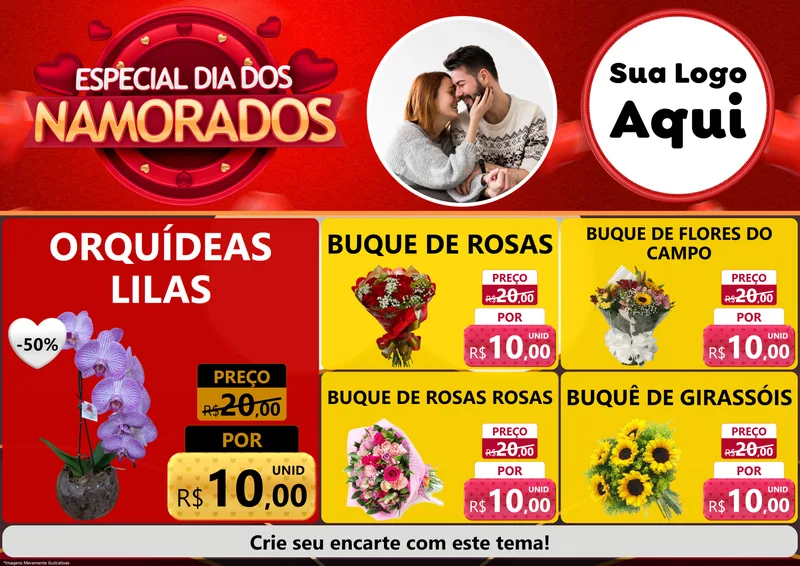 Modelo de Encarte para Encarte A4 Horizontal com o tema Especial Dia Dos Namorados para Floricultura e jardim