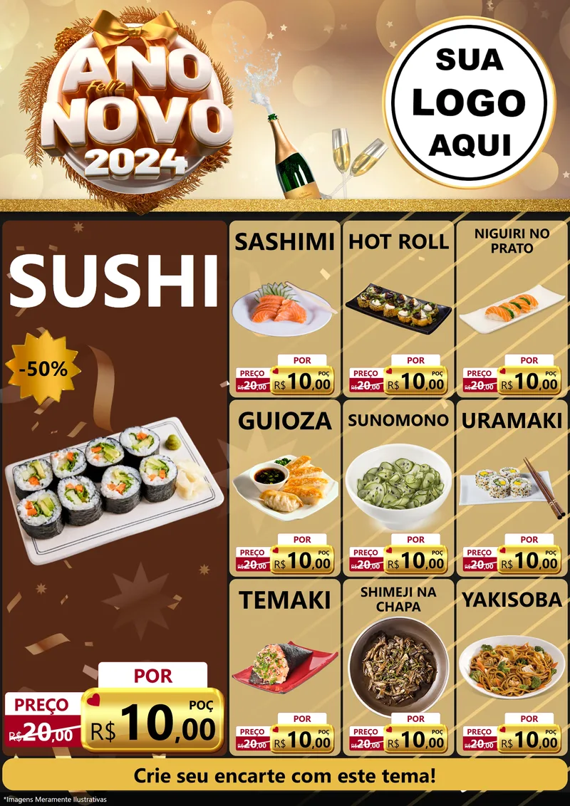 Modelo de Encarte para Encarte A4 Vertical com o tema Feliz Ano Novo 2027 para Comida japonesa