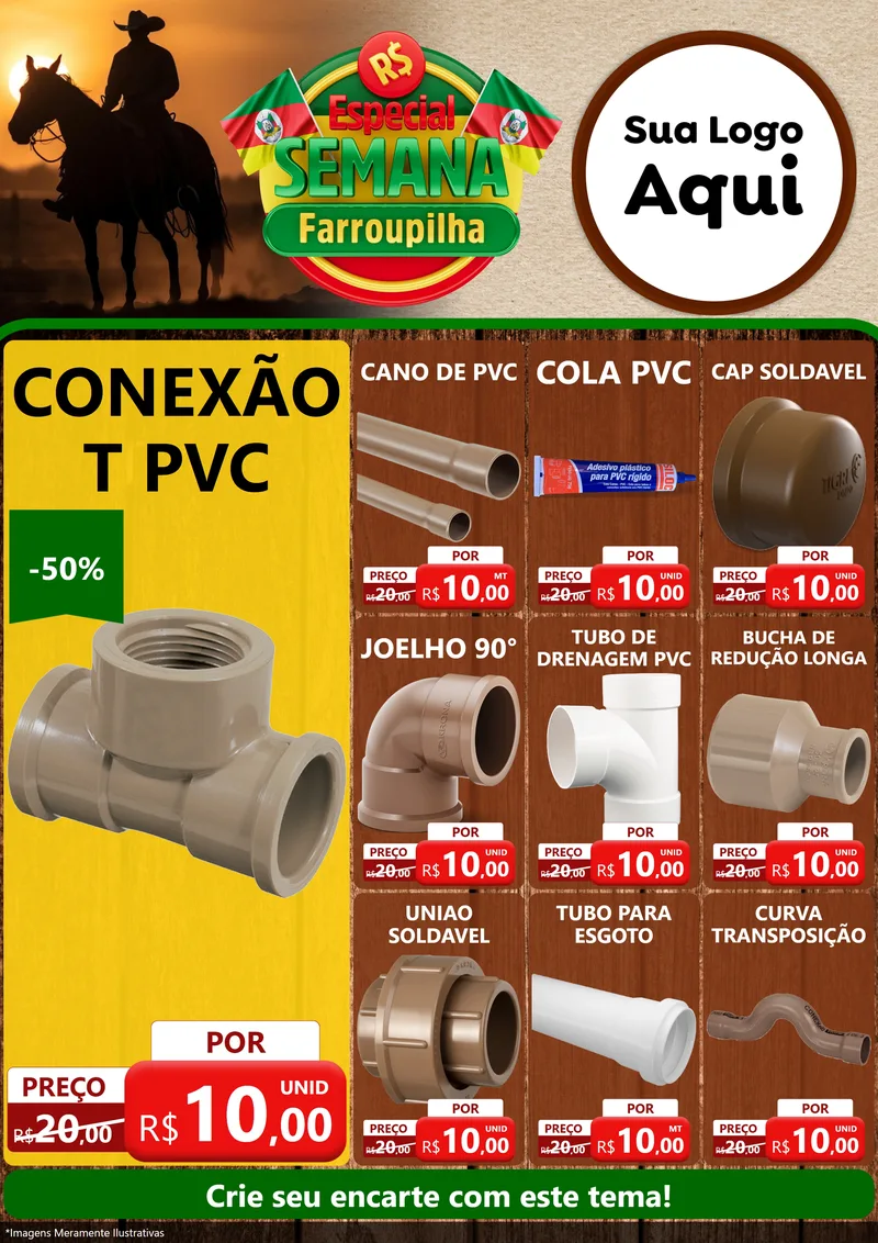 Modelo de Encarte para Encarte A4 Vertical com o tema Especial Semana Farroupilha para Tubos e conexões