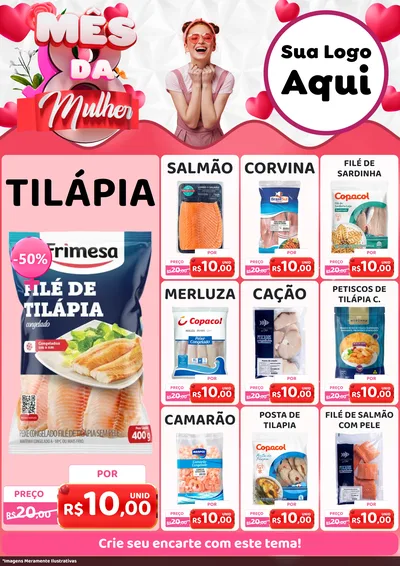Modelo de Encarte para Encarte A4 Vertical com o tema Mês da Mulher para Peixaria